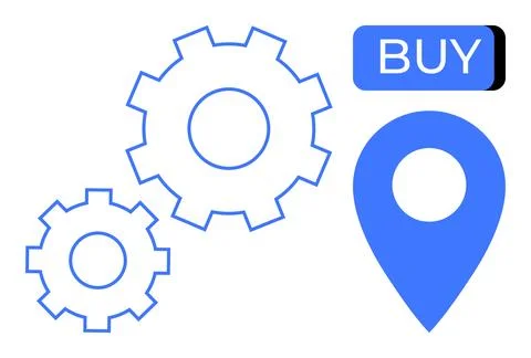 Buy Button with Gears and Map Pin - E-commerce and Logistics Concept Stock Illustration