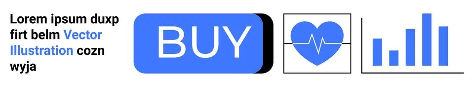 BUY button, heartbeat icon, analytics chart, and placeholder text. Ideal for  Illustrazione stock