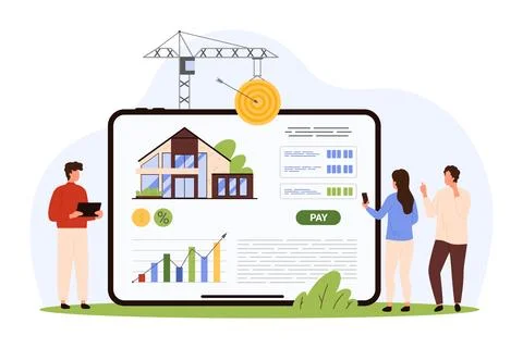 Buy home using mobile app, investment in property, tiny people pay for real Stock Illustration