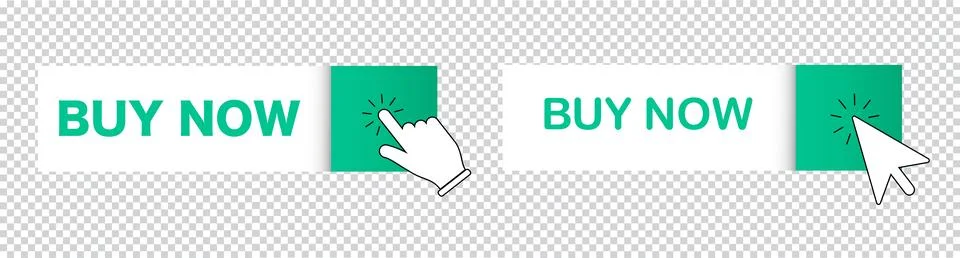 Buy now button with hand cursor. Button hand pointer clicking. Click here banner Stock Illustration