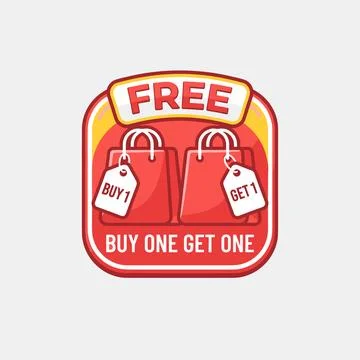 Buy One Get One Free sale promotion graphic featuring two red shopping bags w Stock Illustration