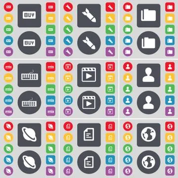 Buy, Rocket, Folder, Keyboard, Media player, Avatar, Planet, Text file, Earth ic イラスト素材