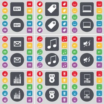Buy, Tag, Laptop, Message, Note, Mute, Graph, Medal, PC icon symbol. A large set Illustrazione stock