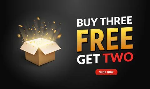 Buy three get two free sale offer design. Vector promo buy 3 get 2 free banner Stock Illustration