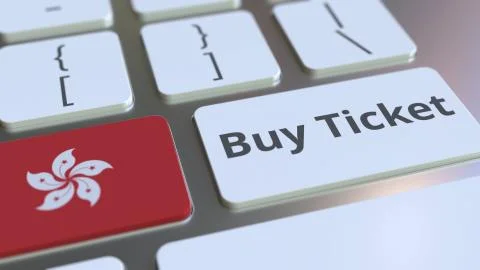 BUY TICKET text and flag of Hong Kong on the buttons on the computer keyboard Stock-Illustration