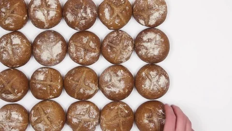 The Buyer Takes Bread in The Form of Buns in The Basket.  Buns.Top View. Stock Footage 74852469