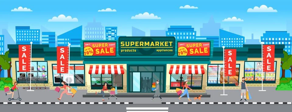 Buyers run out of the store with purchases. Supermarket sales and discounts Stock Illustration