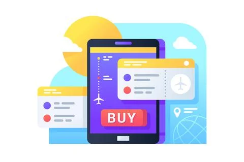 Buying air tickets using mobile phone for online purchase. Stock Illustration