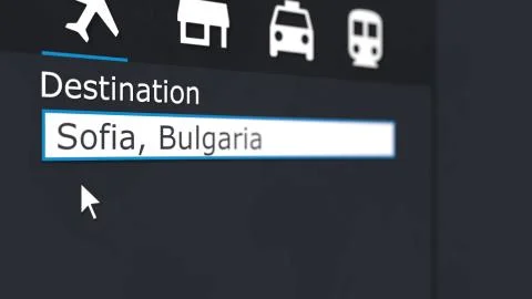 Buying airplane ticket to Sofia online. Travelling to Bulgaria conceptual 3D Stock Illustration