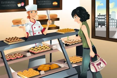 Buying cake at bakery store Stock Illustration