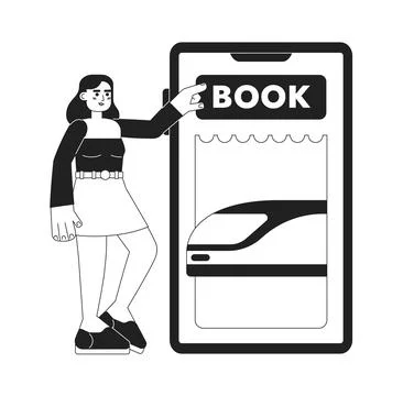 Buying cheap train ticket over phone monochrome concept vector spot illustration Ilustração Stock