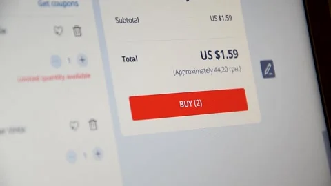 Buying goods in online store using PC. Pressing the Buy button to shop and pay a Stock Footage 133697964