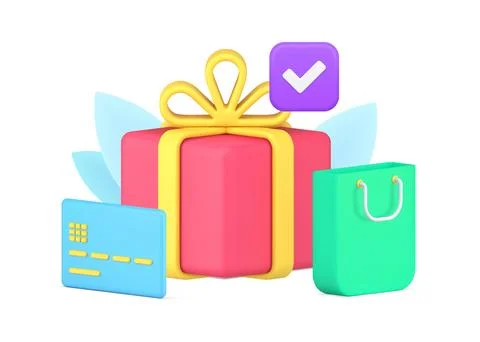 Buying goods purchase complete with checkmark celebrating holiday 3d icon iso Stock Illustration