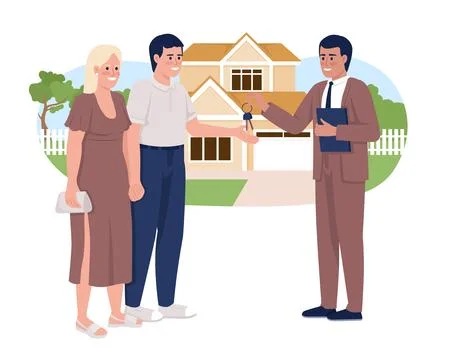 Buying house with yard 2D vector isolated illustration Ilustração Stock