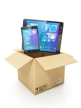 Buying a mobile of electronics. mobile phone and tablet computer out of a car Stock Illustration