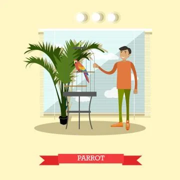 Buying a parrot vector illustration in flat style 스톡 일러스트