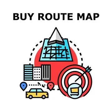 Buying route map finding efficient travel destination Stock Illustration