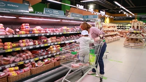 Buying sausage Stock Footage 134020542