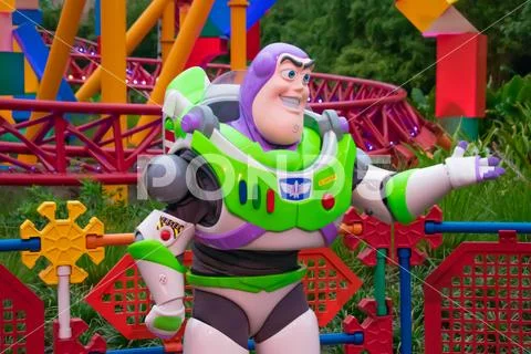 Buzz Lightyear on colorful background in Hollywood Studios 3 Stock Photos