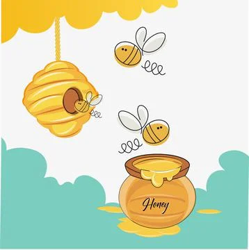 Buzzy Bee vector illustration with hive and honey pot on a white background Stock Illustration
