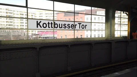 BVG Subway train (U-Bahn) arriving at station (Kottbusser Tor) in Berlin, Kre Stock Footage 124470219