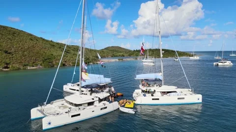 BVI's Sailing Adventure: Catamarans Linked While Moored In Beautiful Harbor Video stock 230098539