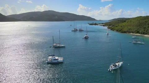 BVI's Sailing Adventure: Fly By Shot Along Coastline With Moored Yachts Video stock 230098543