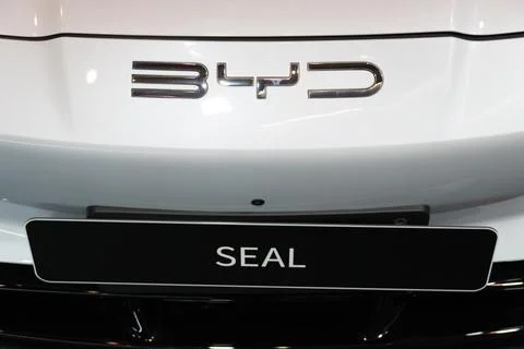 BYD Seal EV front logo and model plate close-up at ECAR Show 2026 Stock Photos