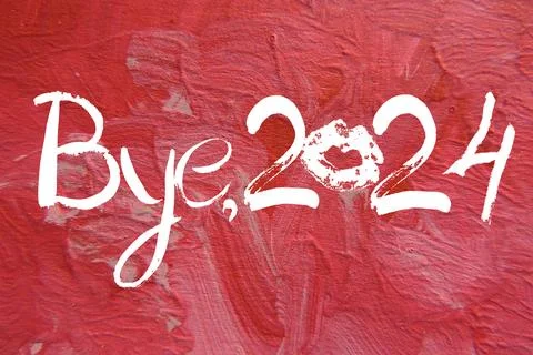 Bye 2024 text on red textured painted wall, kissing. Farewell.  Handwritten.. Stock Illustration