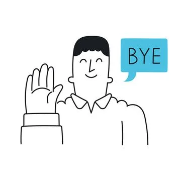 Bye! Happy man waves his hands in farewell. Outline, linear, thin line, doodl Stock Illustration