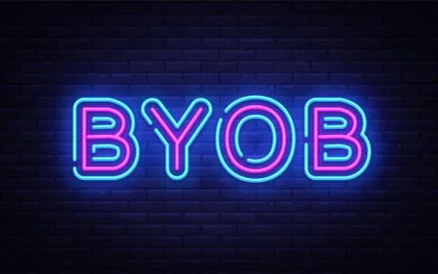 Byob neon text vector design template. Bring Your Own Bottle neon sign, light Stock Illustration
