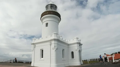Byron Bay Lighthouse Pan across ocean towards hinterland Stock Footage 84367198