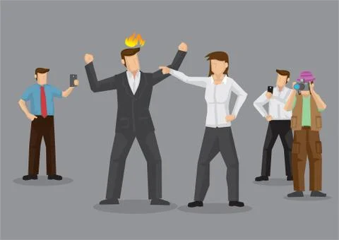 Bystanders Using Handphone to Record Couple in Argument Cartoon Vector Illust 스톡 일러스트
