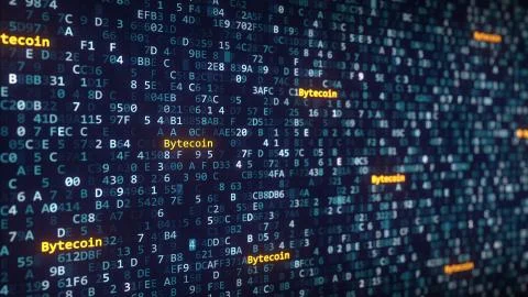 Bytecoin captions appearing among changing hexadecimal symbols on a computer Stock-Illustration