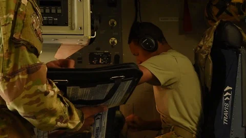 C-17 Globemaster flight engineer prepares equipment Stock Footage 109160377