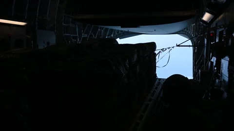 C-17 globemaster III rear doors openining in preparation for airdrop over Gaza Stock Footage 268206712
