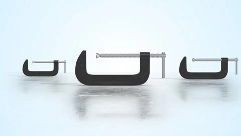 C Clamps on a Light Reflective Floor. Stylized Metal Clamps 3D Animation. 4K Stock Footage 307629919