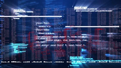 C code and numeric columns streaming after scan sweep, forming box then Stock Footage 331235769
