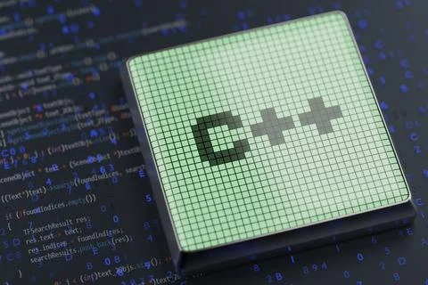 C code on a monochrome screen on a dark background. 3d render. Stock Illustration