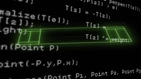 C++ code scrolling initiating green outline forming rotating wireframe prism Video stock 315717346