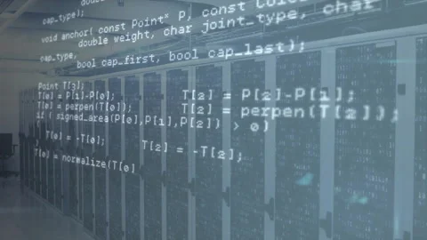 C++ code scrolling over server racks revealing network geometry routines Video stock 312905625