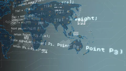 C++ code scrolling on transparent screen causing map fading and network nodes Stock Footage 310644183