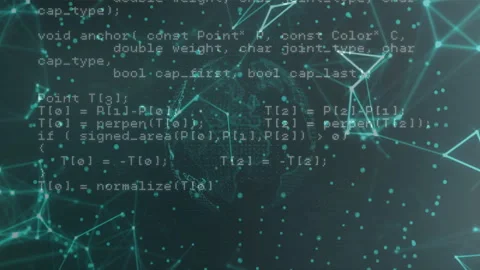C++ code starting data reading loop rotating map pulsing mesh and dots Stock Footage 313307602