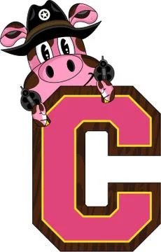 C is for Cowboy - Pig Alphabet Learning Illustration 스톡 일러스트