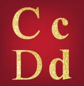 C D alphabet set  made up of gold spangles on the red background Ilustração Stock