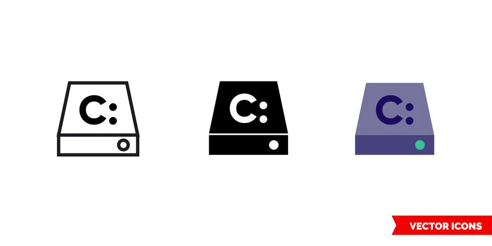 C drive icon of 3 types color, black and white, outline. Isolated vector sign Stock Illustration