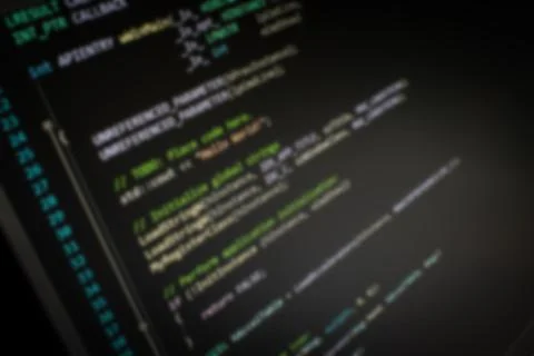 C++ Hello World code on screen blurry background image 스톡 사진