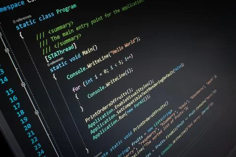 C# Hello World code on screen Stock Photos