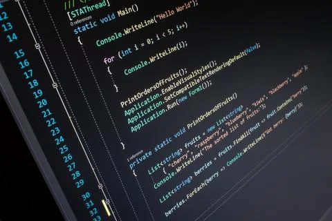 C# Hello World code on screen Stock Photos