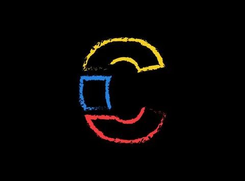 C letter hand write vector desing, brush font logo. Blue, red, yellow color o Stock Illustration